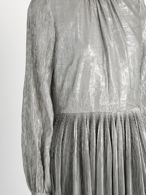 Long-Sleeved Pleated Maxi Dress in Silver | ModeSens
