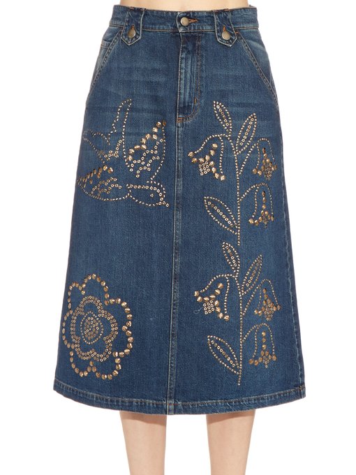 Stud-embellished denim midi skirt | REDValentino | MATCHESFASHION UK