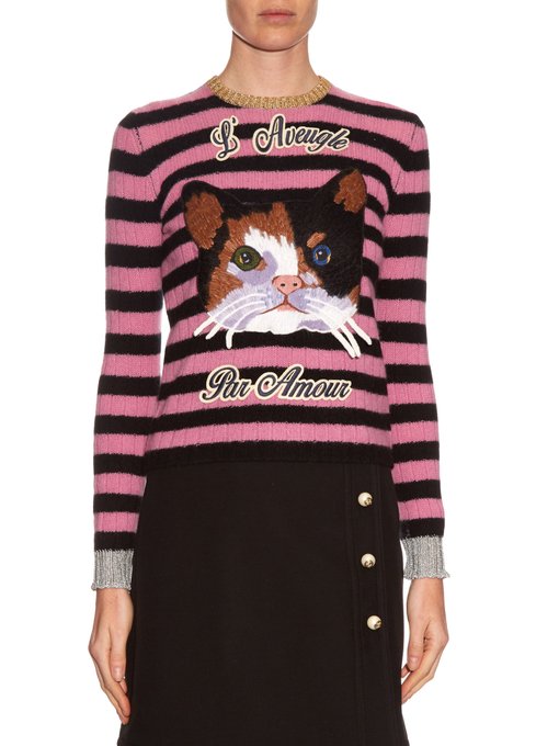 Cat-embroidered cashmere and wool-blend sweater | Gucci ...