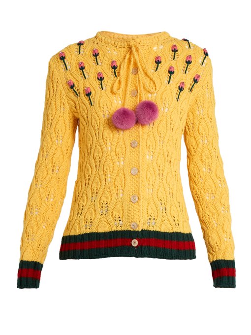 Rose-embroidered mink-pompom crochet cardigan | Gucci | MATCHESFASHION ...