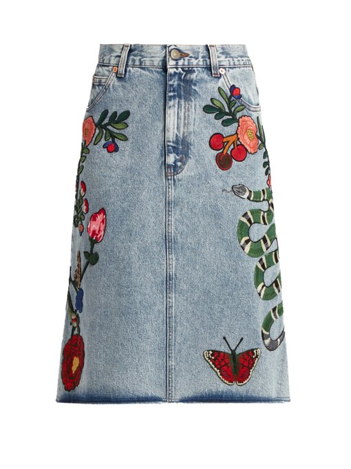 GUCCI Women’S Embroidered Denim Skirt In Blue in Iedigo Llue | ModeSens