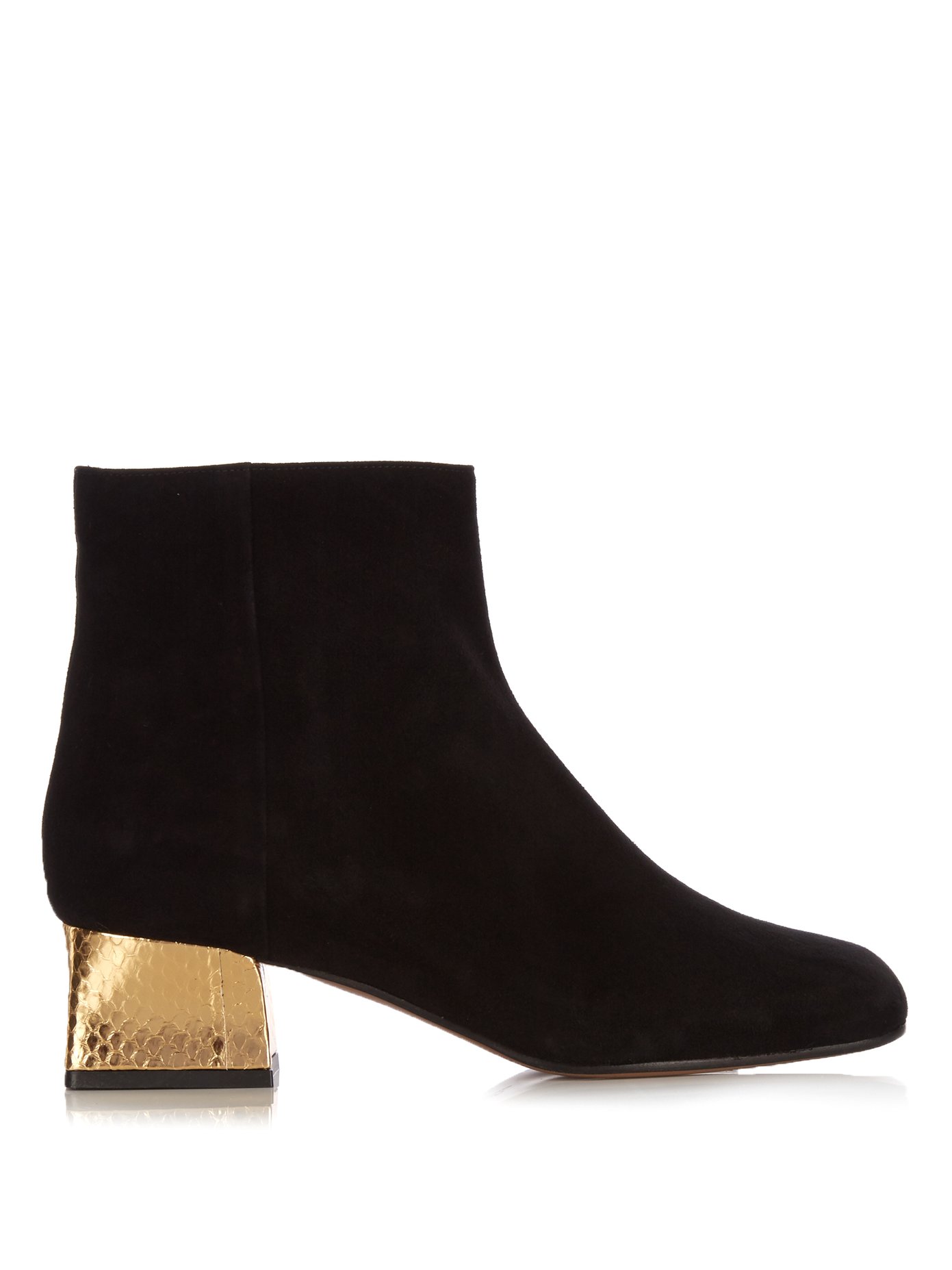 gold block heel ankle boots