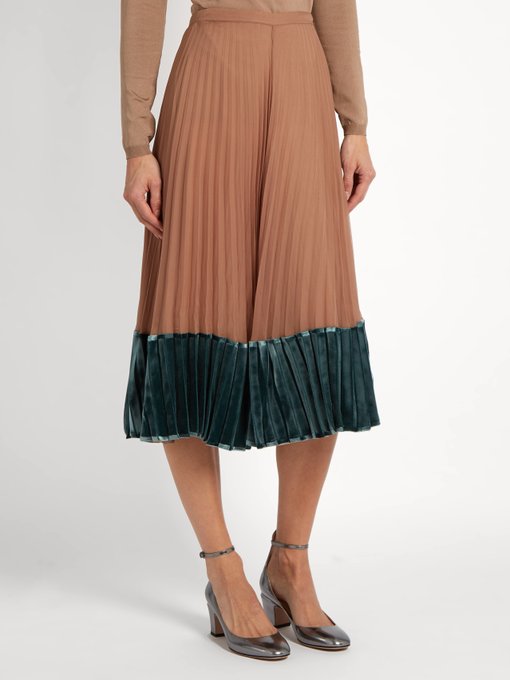 Velvet-panel pleated silk-georgette midi skirt | Valentino ...