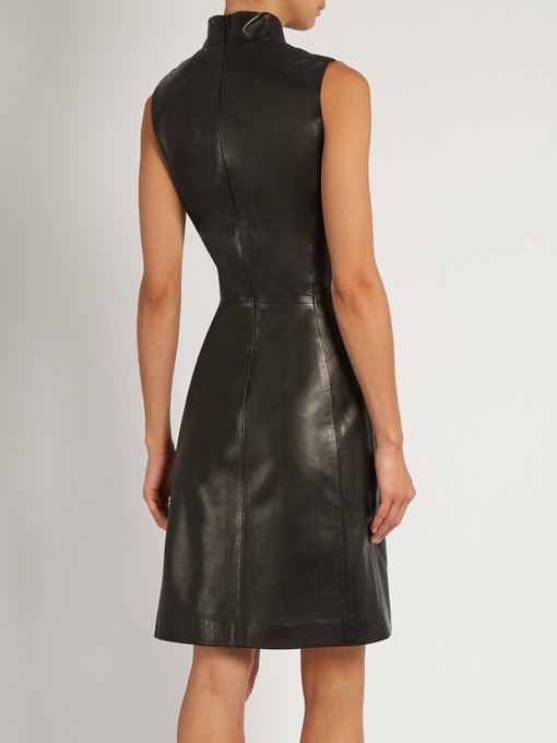 High-neck leather and pleated-cady dress | Mugler | MATCHESFASHION US