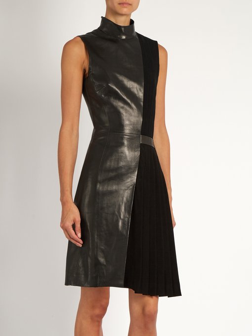 High-neck leather and pleated-cady dress | Mugler | MATCHESFASHION US