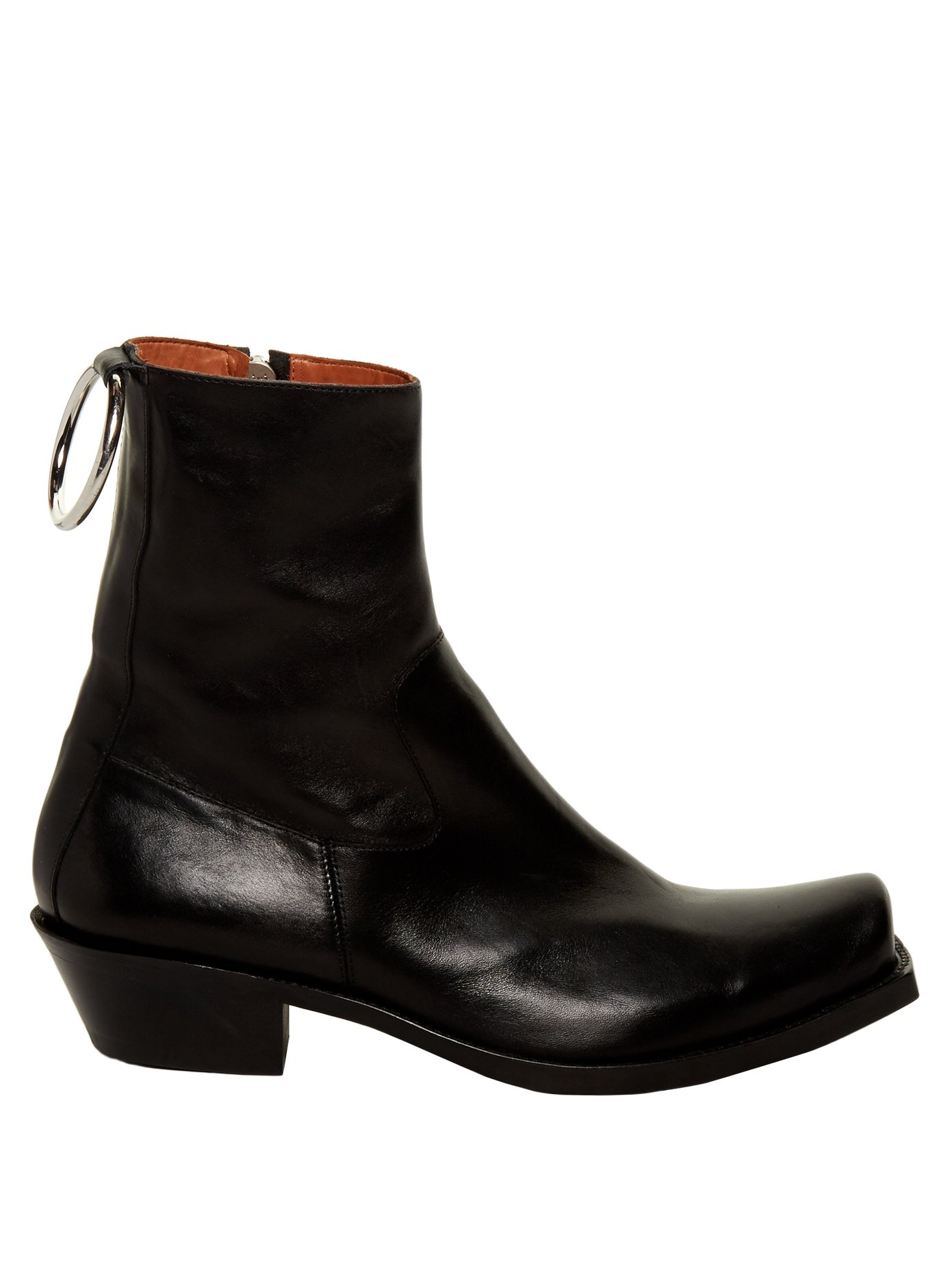 Metal-ring leather ankle boots 