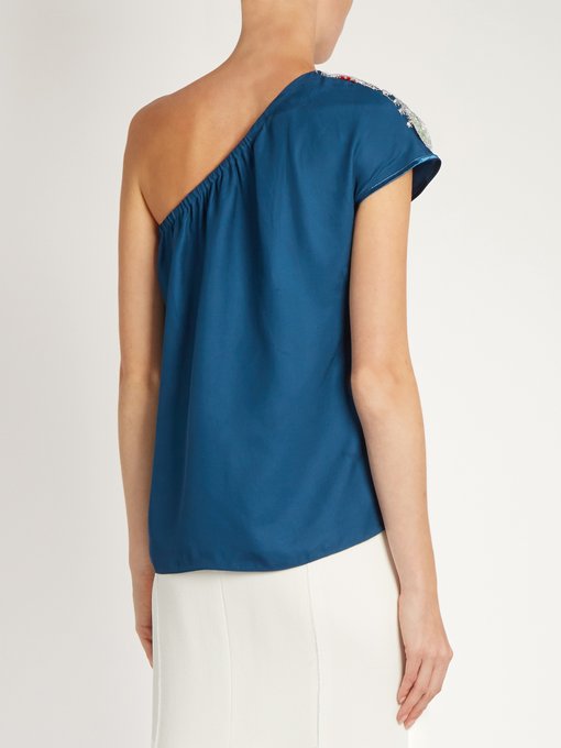One-shoulder embroidered-lace crepe top展示图