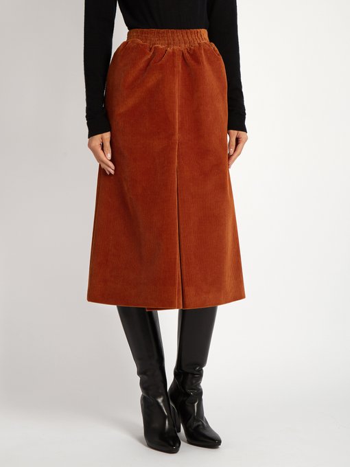 BALENCIAGA Pleat-Front Corduroy Midi Skirt, Tan-Brown | ModeSens