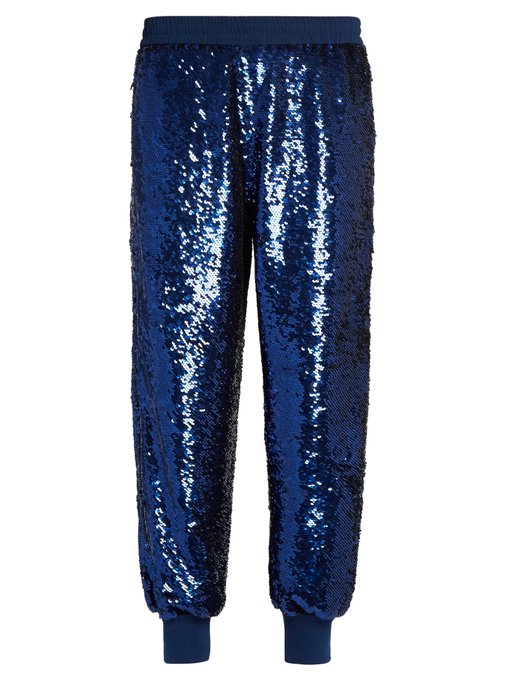 ASHISH LACE-TRIMMED SEQUINED SILK-GEORGETTE TRACK PANTS, METALLIC ROYAL ...