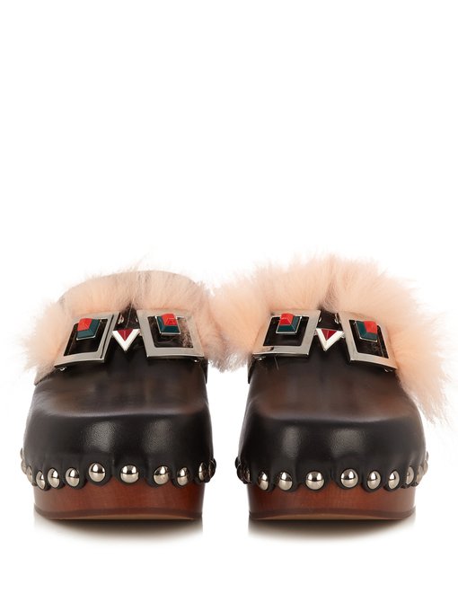 Hypnoteyes fur-trimmed leather clogs 