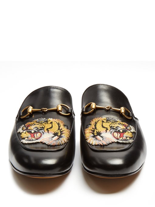 Tiger-head embroidered backless loafers 