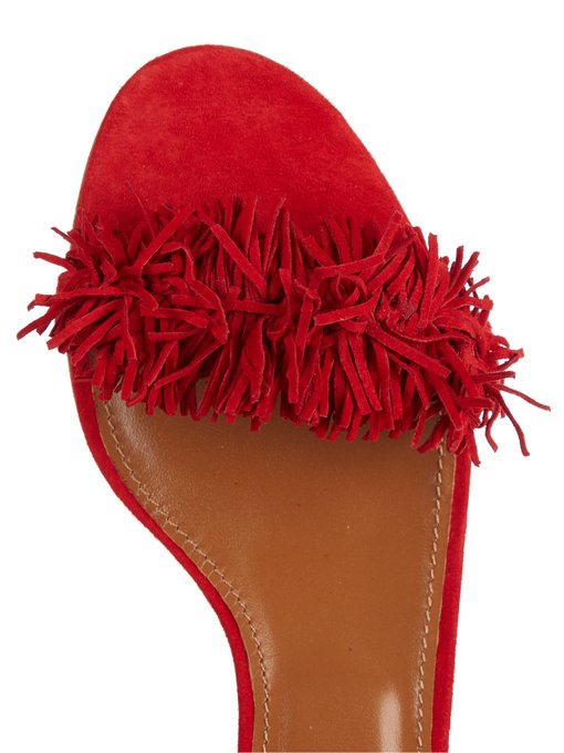 red fringe block heels