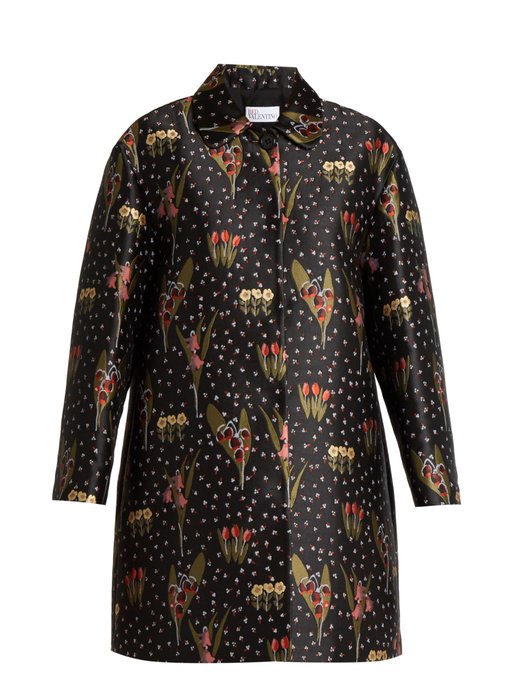 RED VALENTINO Blooming Garden-Jacquard Round-Collar Coat, Colour: Black ...