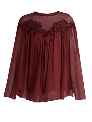 Lace-trimmed gathered silk-georgette blouse | Chloé | MATCHESFASHION.COM US