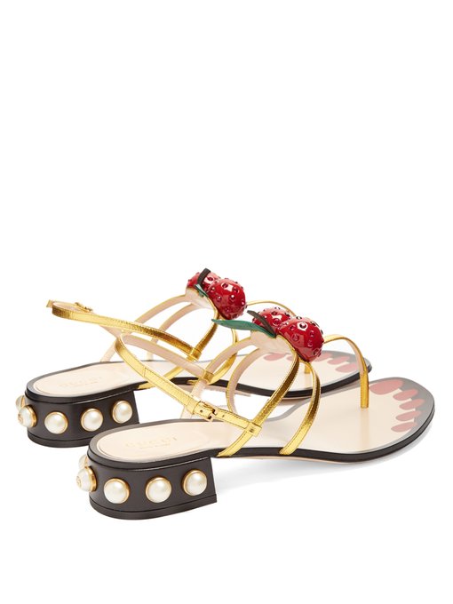 GUCCI Hatsumomo Cherry-Embellished Leather Sandals in Gold | ModeSens
