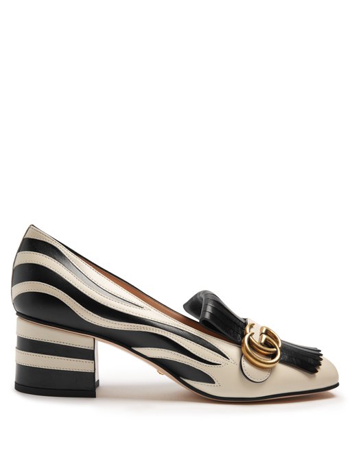 GUCCI MARMONT FRINGED ZEBRA-APPLIQUÉ LEATHER LOAFERS, BLACK WHITE ...