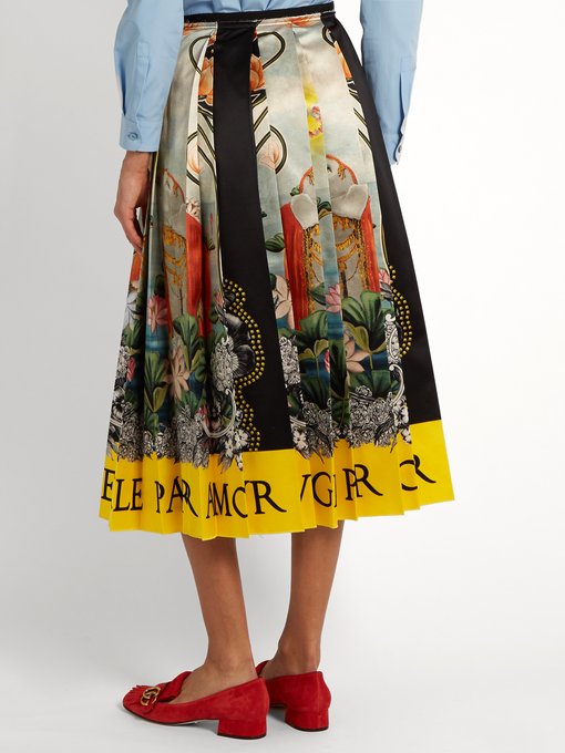 GUCCI Elephant And Waterlily-Print Pleated Satin Skirt, Colour: Dove ...