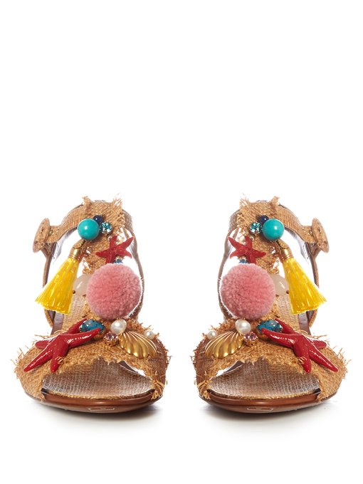 Pompom and shell-embellished raffia sandals | Dolce & Gabbana ...