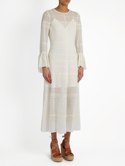 Bell-sleeve broderie-anglaise georgette midi dress | Saint Laurent ...