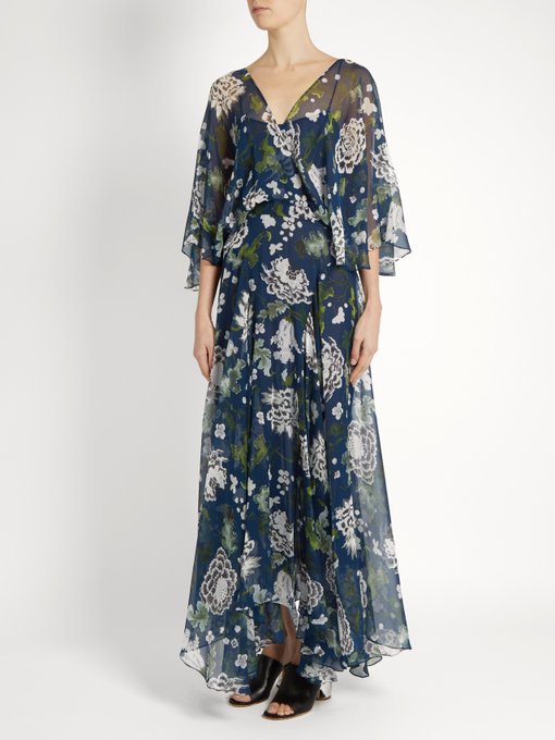 ADAM LIPPES Floral-Print Silk-Chiffon Maxi Dress in Colour: Dark-Blue ...