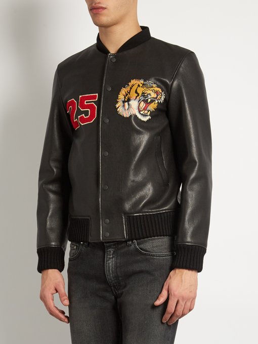 Tiger-appliqué leather bomber jacket | Gucci | MATCHESFASHION.COM UK