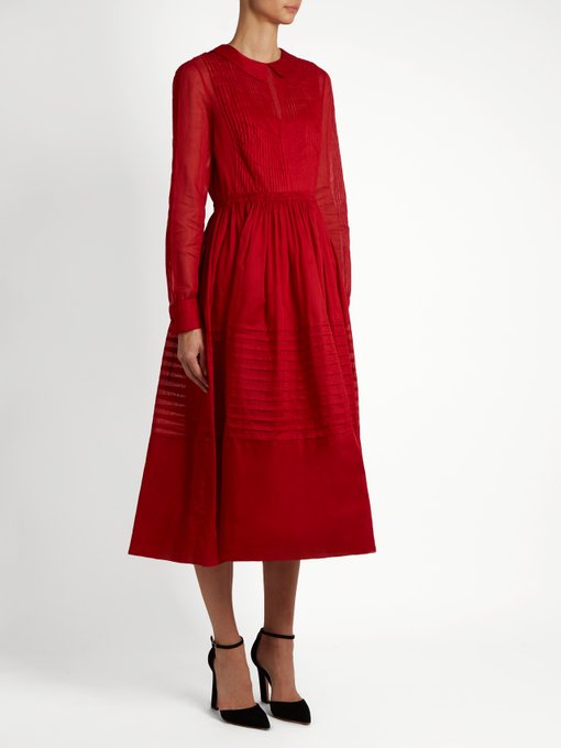 VALENTINO Long-Sleeved Pleated Cotton-Organza Dress, Colour: Red | ModeSens