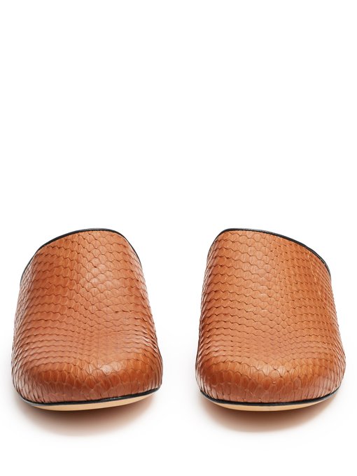 snakeskin backless loafers