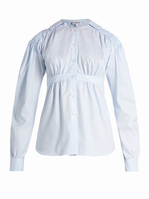 Loewe Smocked Cotton Puff-Sleeve Blouse, Light Blue | ModeSens