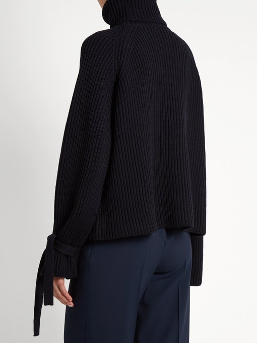 JOSEPH Tie-Cuff Ribbed-Knit Wool Sweater, Colour: Navy | ModeSens