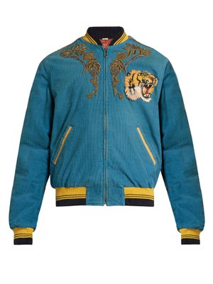 gucci blue loved embroidered bomber jacket