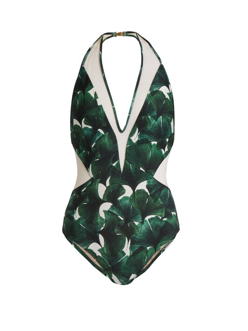Ginkgo-print tulle-insert halterneck swimsuit | Adriana Degreas ...