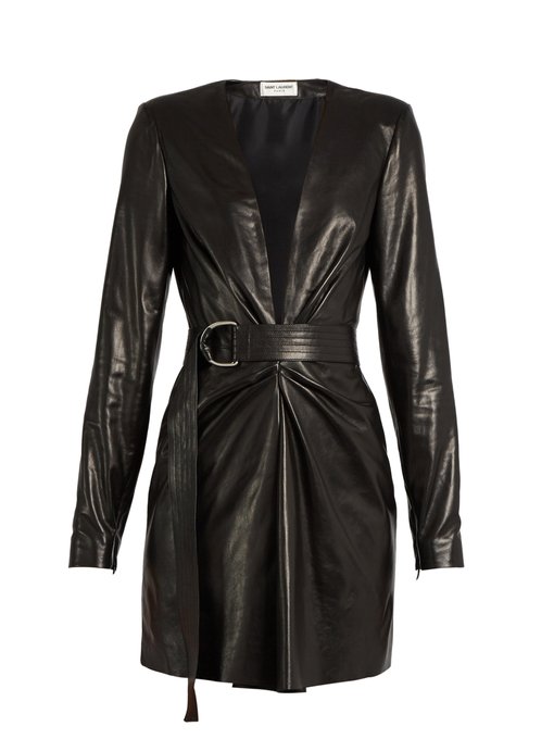 Deep V-neck leather mini dress | Saint Laurent | MATCHESFASHION US