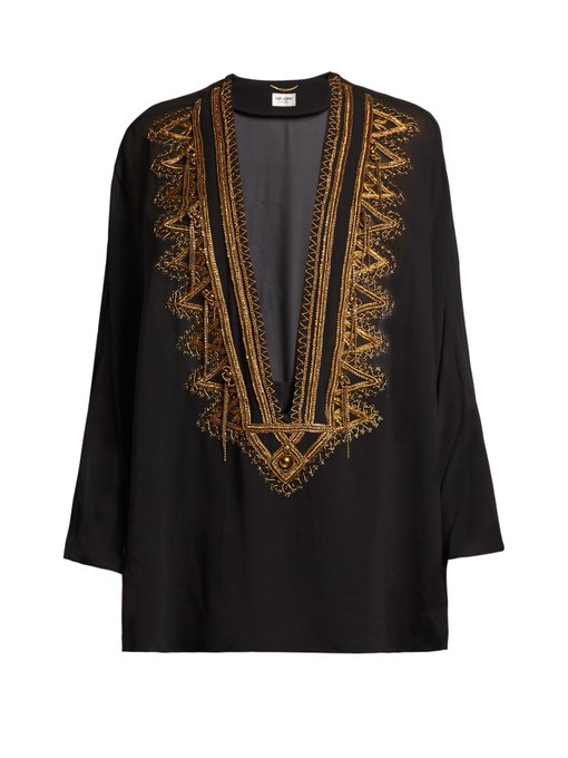 Embroidered V-cut silk-georgette top | Saint Laurent | MATCHESFASHION UK