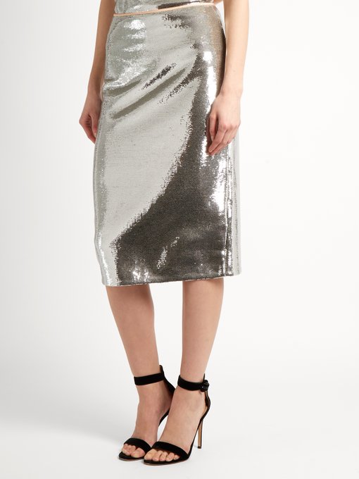 DIANE VON FURSTENBERG Sequined Midi Pencil Skirt, Silver, Gray | ModeSens