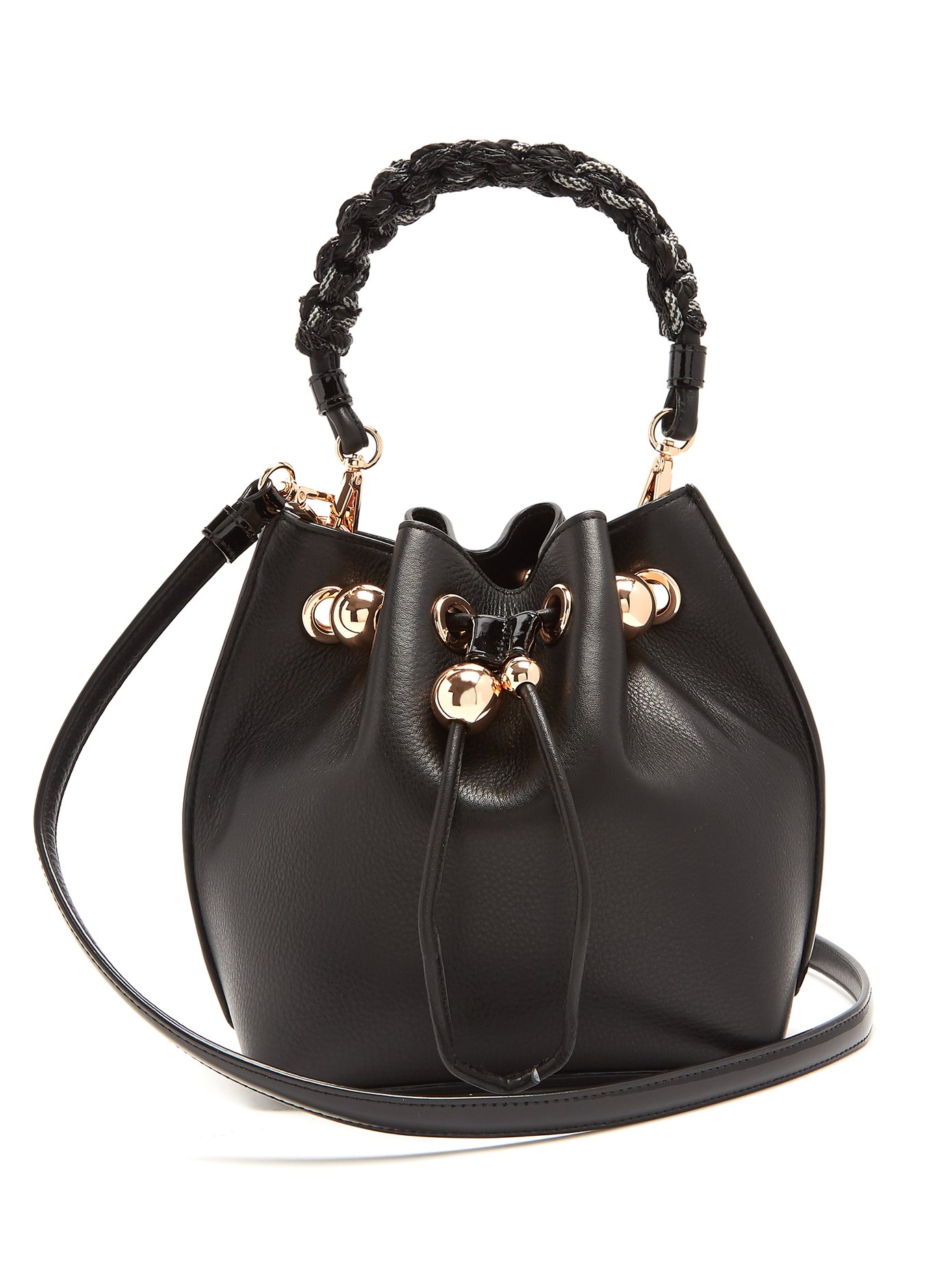 black leather drawstring bucket bag