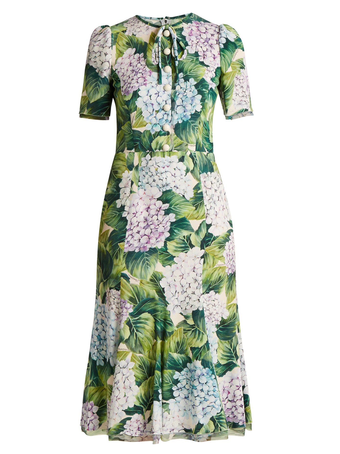 Hydrangea-print fluted-hem cady dress 