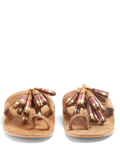 FIGUE Scaramouche Striped Suede Tassel Sandals in Tan Multi | ModeSens