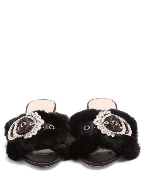 Crystal-embellished satin and rabbit-fur slides | Miu Miu ...