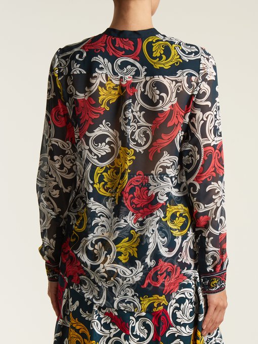 MARY KATRANTZOU Ruffled-Neck Silk Blouse in Colour: Navy | ModeSens