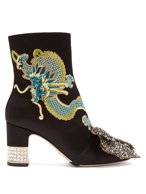 Dragon-embroidered satin ankle boots | Gucci | MATCHESFASHION US