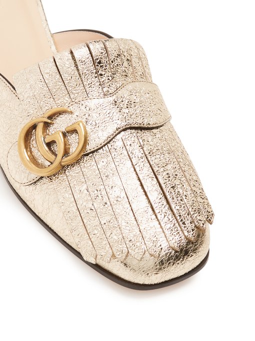 GUCCI Marmont Fringed Backless Leather Loafers in Colour: Metallic-Gold ...