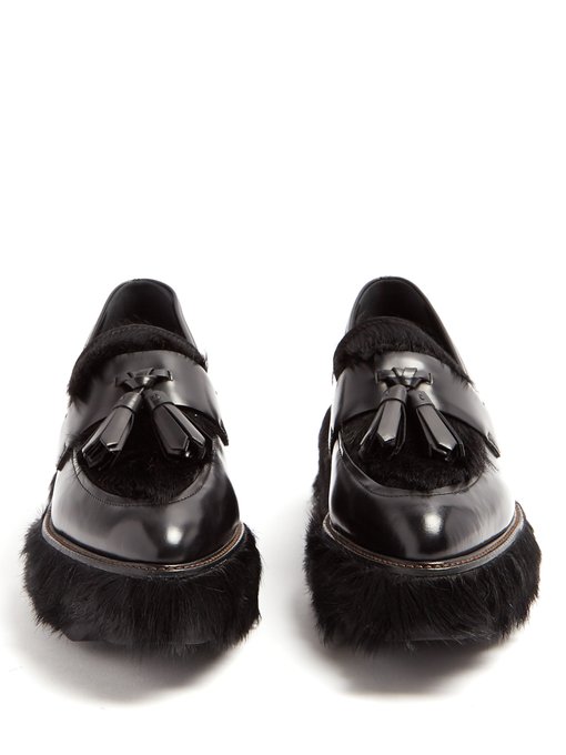 Tasseled leather and calf-hair flatform loafers展示图