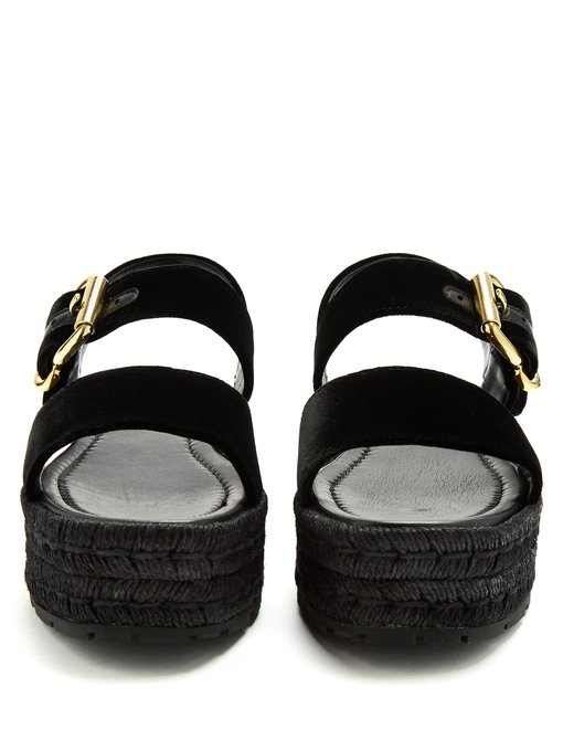 PRADA Double-Strap Velvet Flatform Sandals in Black | ModeSens