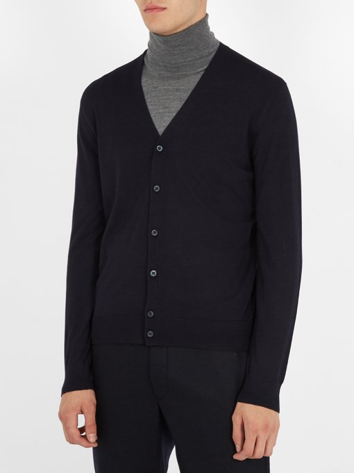 PRADA Fine-Gauge Knit Virgin Wool Cardigan in Navy | ModeSens