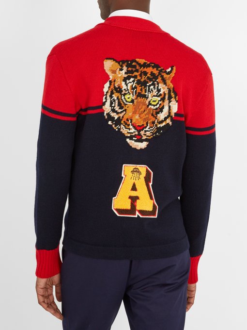 GUCCI Wool Cardigan W/ Tiger Patch On Back, Red/Blue | ModeSens