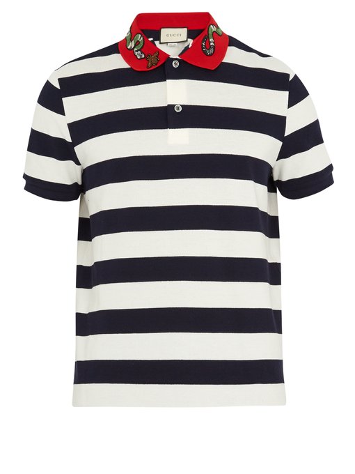 Snake-appliqué striped cotton polo shirt | Gucci | MATCHESFASHION.COM UK