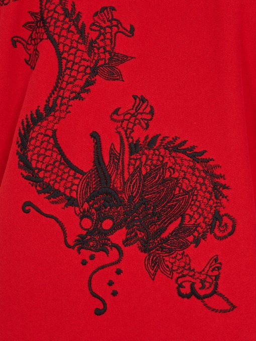 GUCCI Dragon-Embroidery Cotton Hooded Sweatshirt in Red | ModeSens