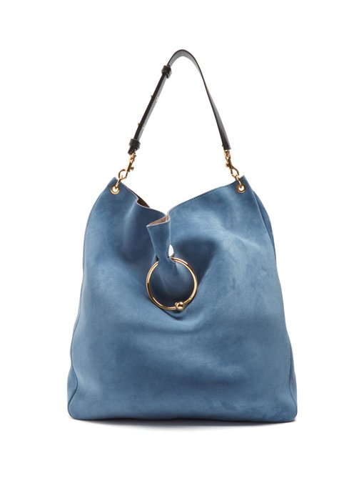 blue suede hobo bag