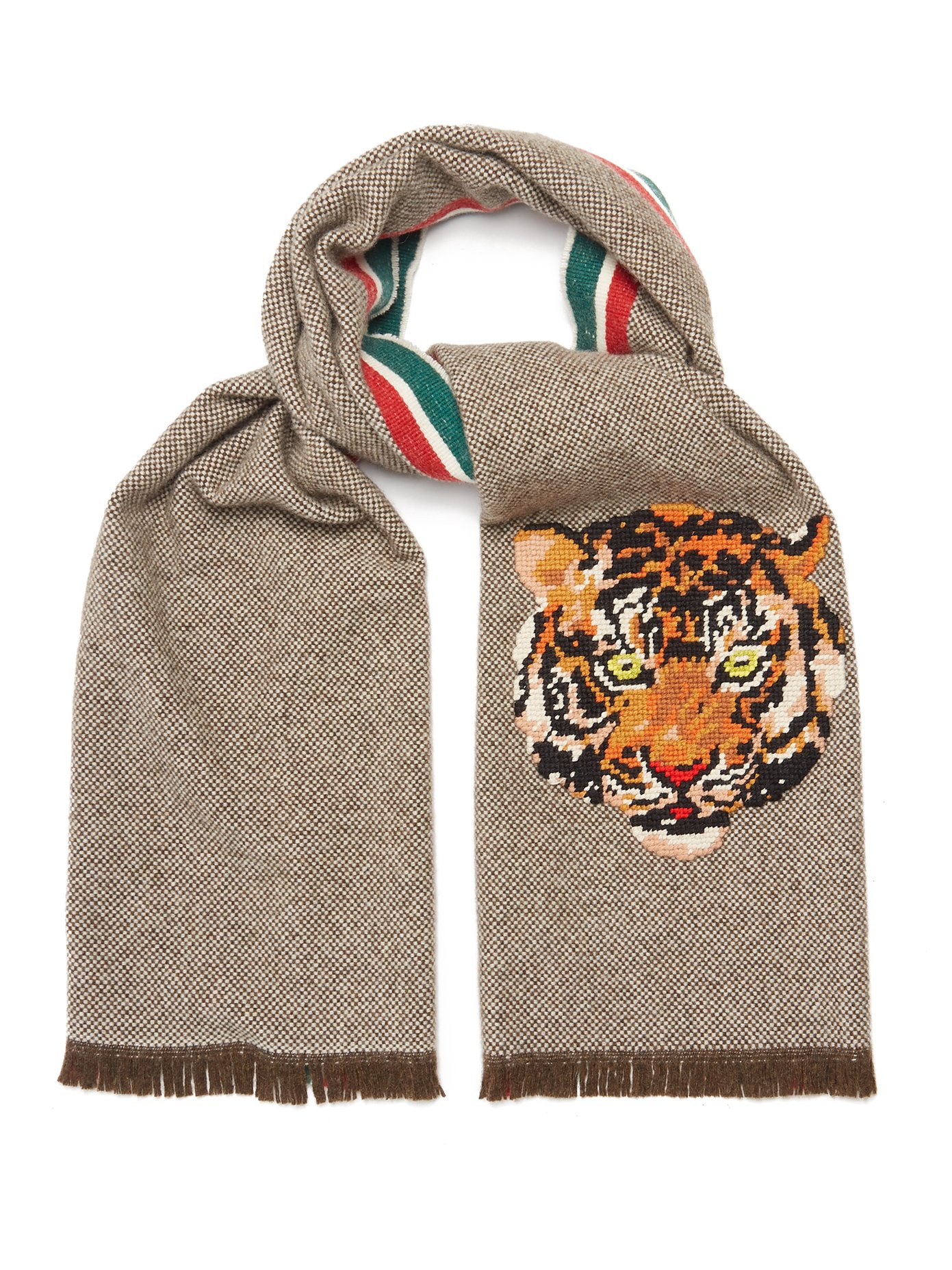Tiger-embroidered wool-blend scarf 