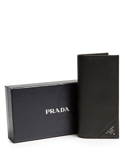 PRADA Bi-Fold Saffiano-Leather Wallet in Black | ModeSens